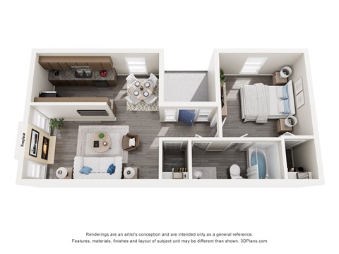 Floor plan for 1 bed, 1 bath, 782 sqft
